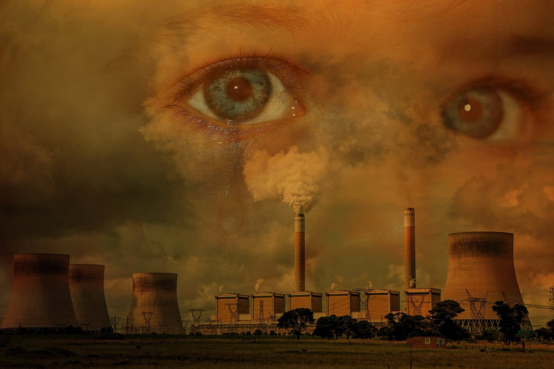 les yeux effrayés par la pollution et le changement climatique